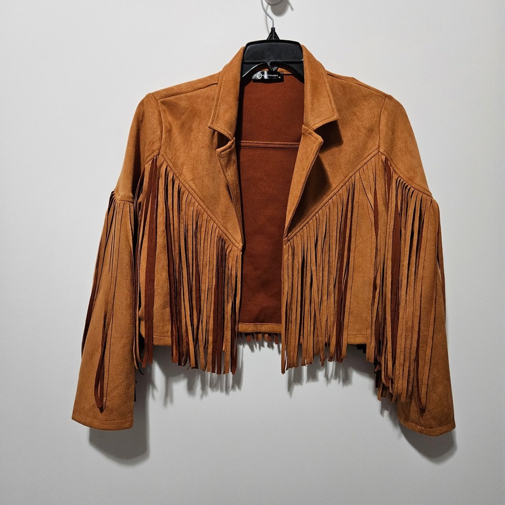Fringe Jacket Western M Faux Suede Brown Western Boho Cropped Cowgirl Country
